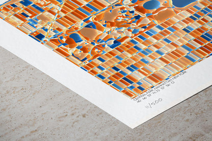 Détail du tirage d’art de Central Park à Manhattan, New York, montrant le bord du papier, le titre, les coordonnées GPS et la numérotation d’édition limitée x/500. Detail of the Central Park, Manhattan, New York fine art print showing the paper edge, title, GPS coordinates and limited edition numbering x/500.