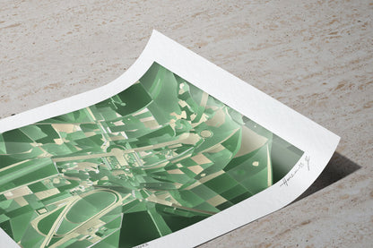 Gros plan du tirage d’art cartographique du Domaine du Château de Chantilly, France, coin du papier délicatement relevé, texture fine du papier d’art et signature Horizon-55 visibles.