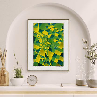 Tirage d’art du Château de Chambord, France, encadré dans une niche murale lumineuse, couleurs vertes et jaunes en composition géométrique.