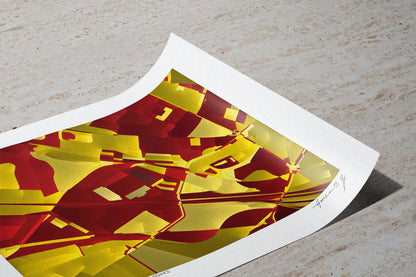 Tirage d’art sur papier texturé montrant une carte géographique abstraite du stade Bollaert-Delelis à Lens, France, avec des formes géométriques rouges et jaunes, posé sur un sol clair.