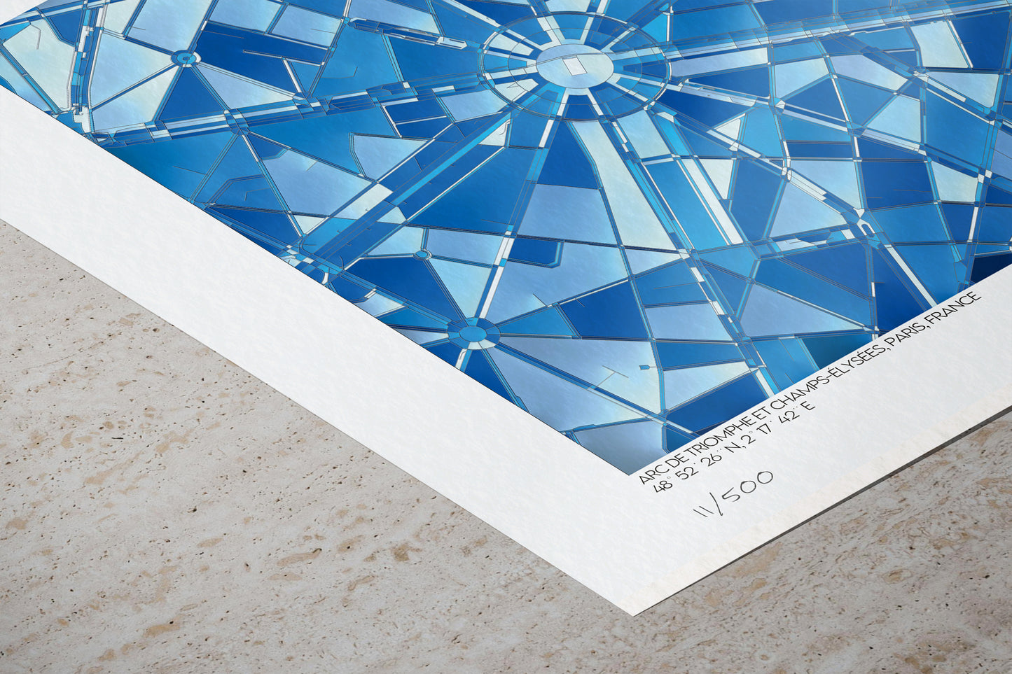 Détail du tirage Champs-Élysées, textures cartographiques bleues et mention édition limitée 11/500 sur papier d’art.