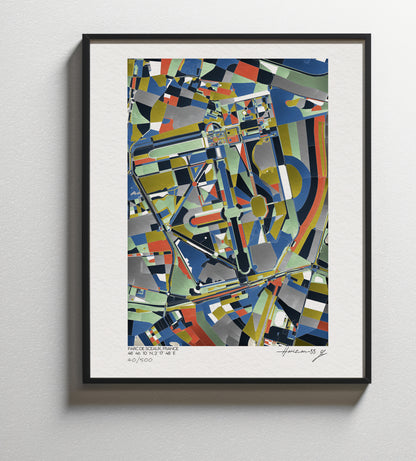 Affiche fine art du Parc de Sceaux avec composition géométrique et palette de couleurs contrastées, présentée en cadre noir contre un mur clair, édition limitée signée Horizon-55.