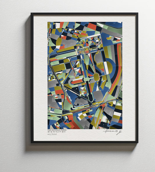 Affiche fine art du Parc de Sceaux avec composition géométrique et palette de couleurs contrastées, présentée en cadre noir contre un mur clair, édition limitée signée Horizon-55.