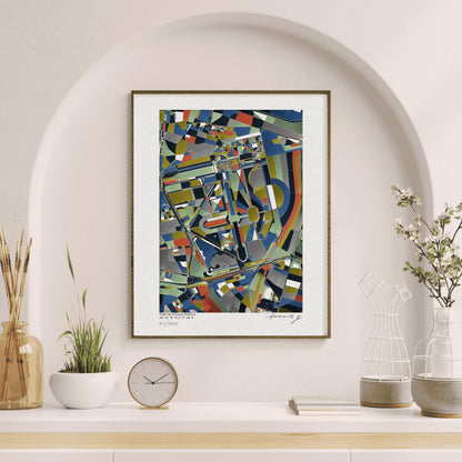 Tirage d’art abstrait représentant le Parc de Sceaux, France, aux formes géométriques et couleurs vives, présenté encadré dans une niche murale décorée d’objets minimalistes et branchages.