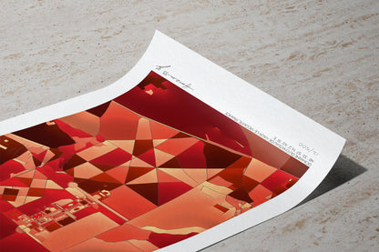 Tirage d’art non encadré représentant une carte abstraite rouge et ocre du domaine de Vaux-le-Vicomte, posé sur une surface minérale, coin du papier relevé et signature Horizon-55 visible.