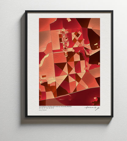 Plan rapproché d’une affiche fine art de Vaux-le-Vicomte aux couleurs rouges et cuivrées, encadrée de noir, révélant des motifs géométriques inspirés des jardins du château.