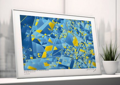 Tirage d’art du Domaine du Château de Versailles en tons bleus et jaunes, posé contre un mur près d’une fenêtre, avec un petit pot de plante à côté.